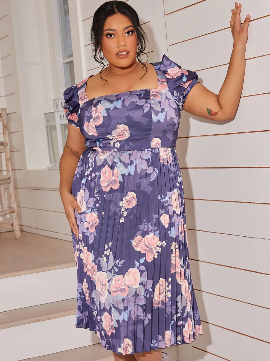 Plus Size Floral Print Pleated Midi Skater Dress in Navy sold by Chi Chi London product image thumbnail 4