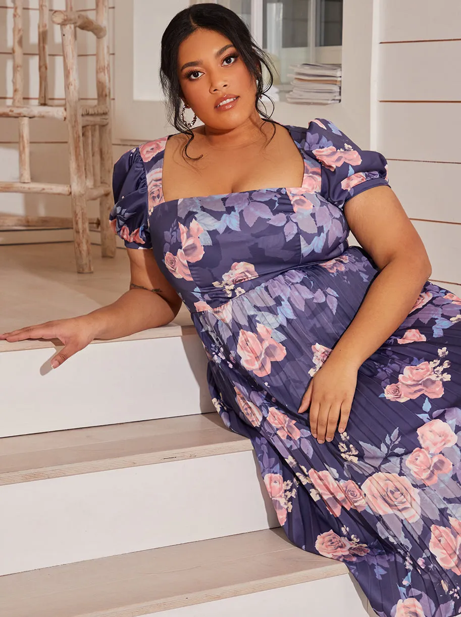 Plus Size Floral Print Pleated Midi Skater Dress in Navy sold by Chi Chi London product image thumbnail 2