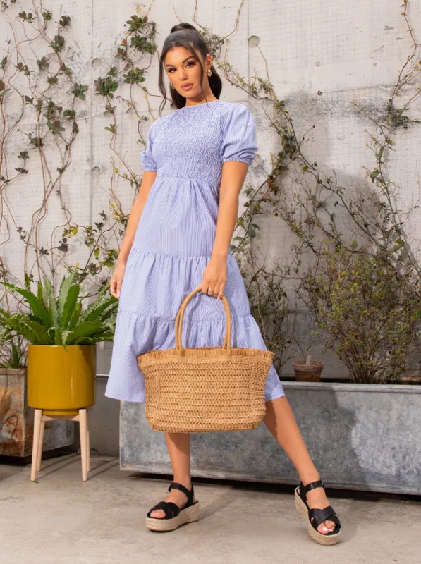 Puff Sleeve Stripe Print Midi Day Dress in Blue sold by Chi Chi London