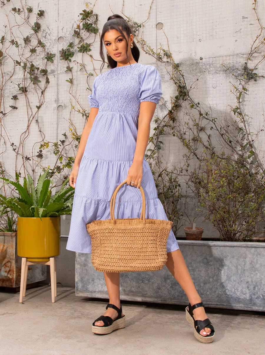 Puff Sleeve Stripe Print Midi Day Dress in Blue sold by Chi Chi London