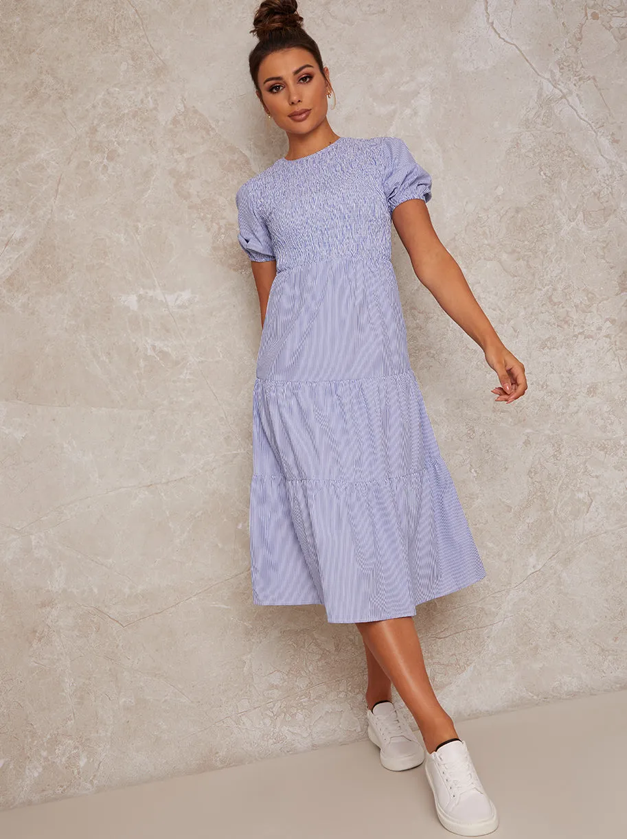 Puff Sleeve Stripe Print Midi Day Dress in Blue sold by Chi Chi London product image thumbnail 4