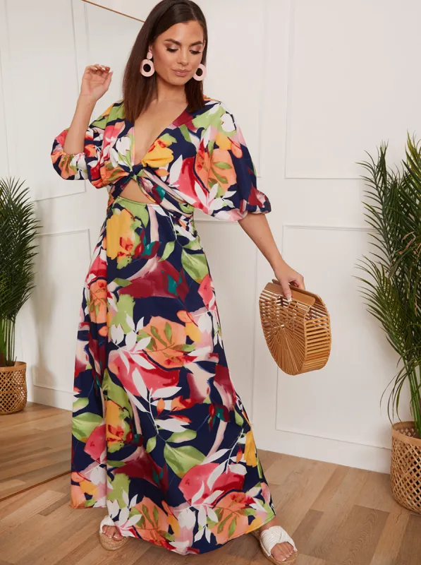 Petite Cut-Out Floral Print Maxi Dress in Navy sold by Chi Chi London