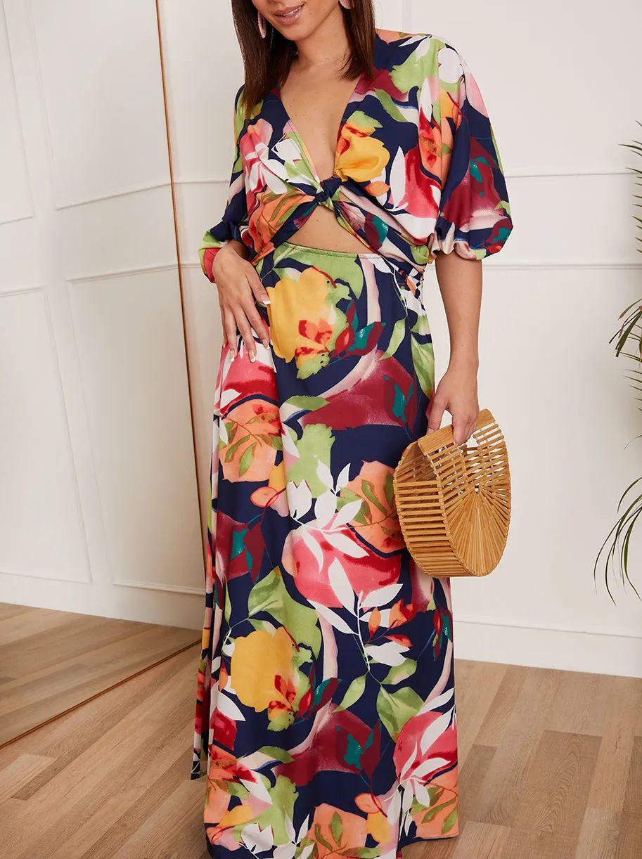 Petite Cut-Out Floral Print Maxi Dress in Navy sold by Chi Chi London product image thumbnail 4
