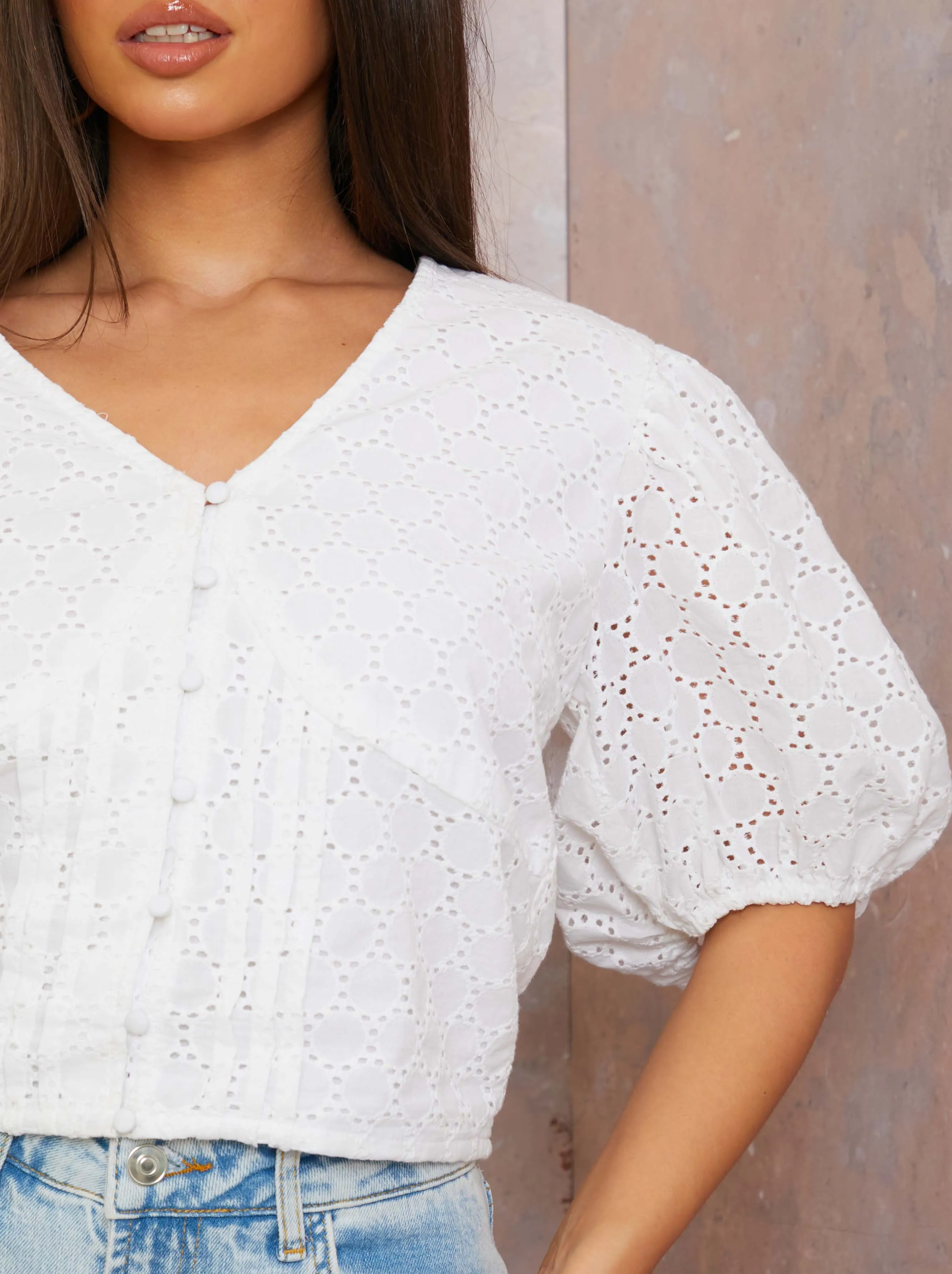 V Neck Puff Sleeve Broderie Top in White sold by Chi Chi London product image thumbnail 3