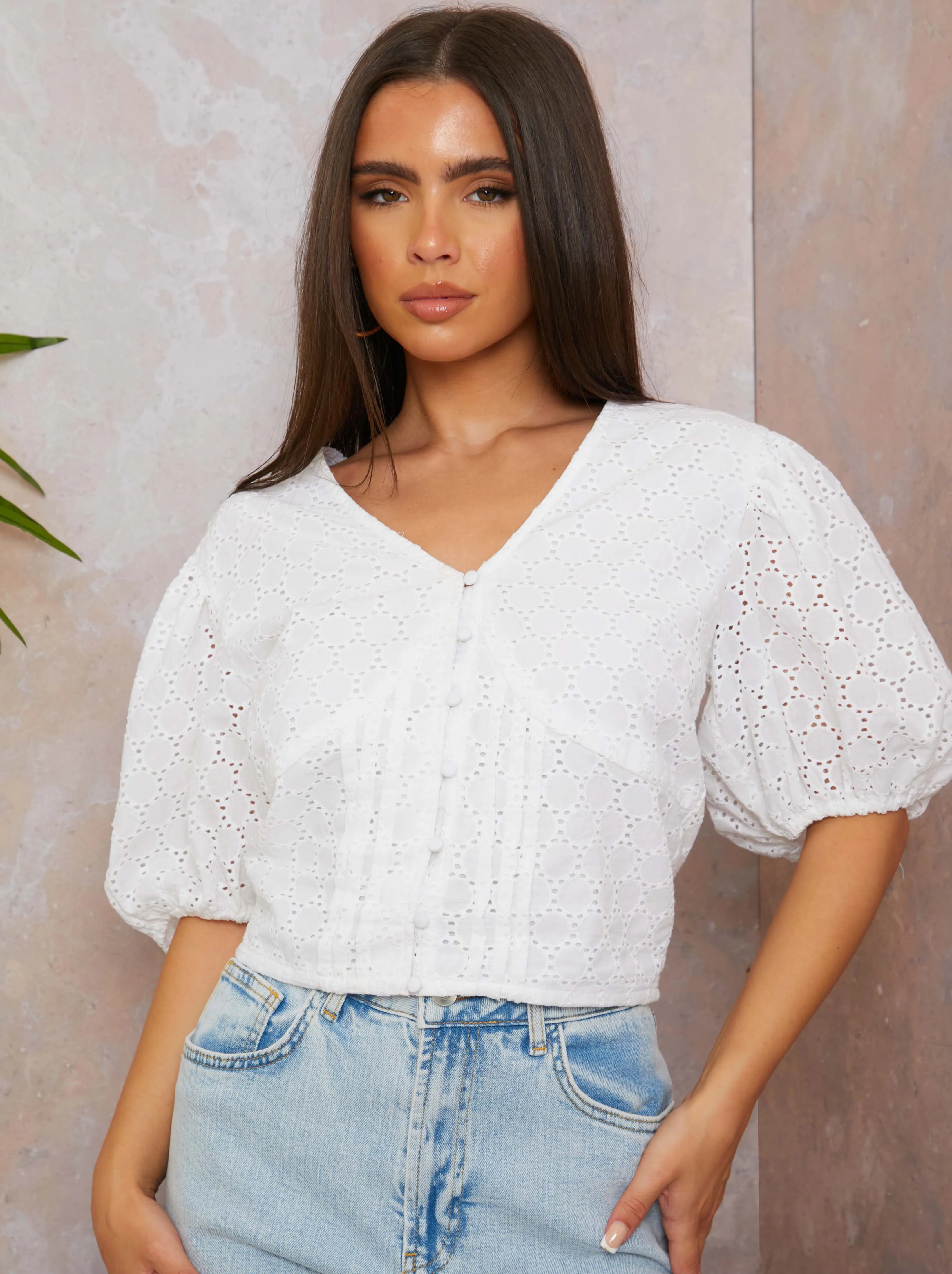 V Neck Puff Sleeve Broderie Top in White sold by Chi Chi London