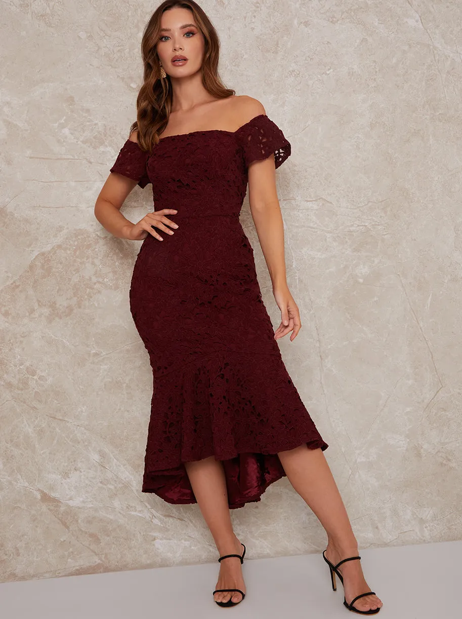 Petite Peplum Crochet Bodycon Dress in Burgundy sold by Chi Chi London