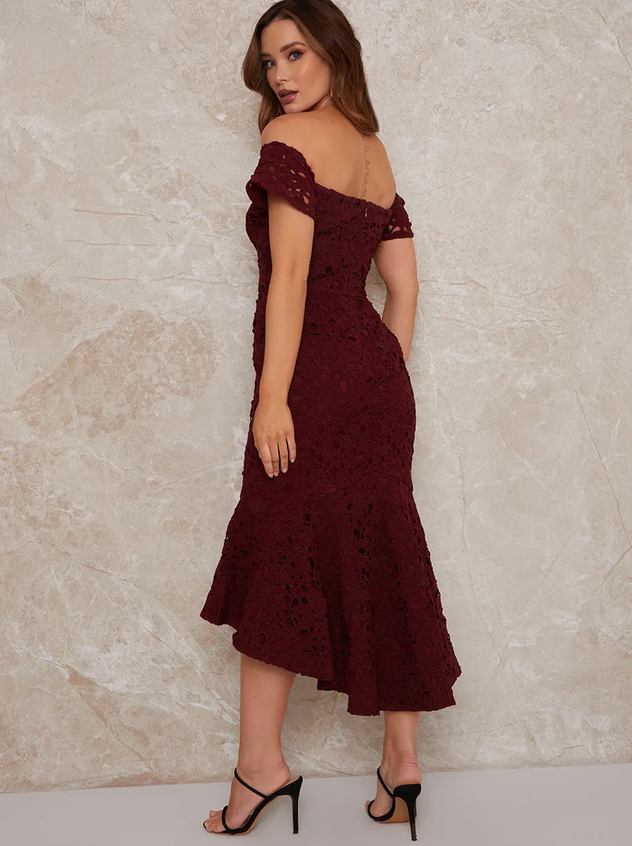 Petite Peplum Crochet Bodycon Dress in Burgundy sold by Chi Chi London product image thumbnail 3