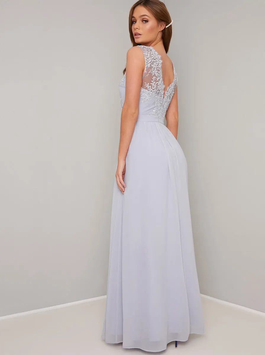 Lace Bodice V Neck Chiffon Maxi Dress in Blue sold by Chi Chi London product image thumbnail 4