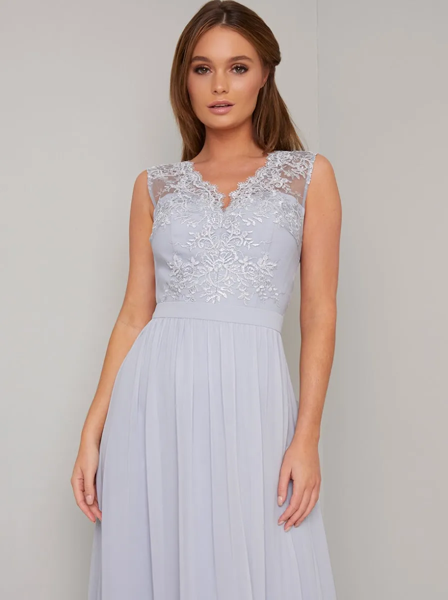 Lace Bodice V Neck Chiffon Maxi Dress in Blue sold by Chi Chi London product image thumbnail 2