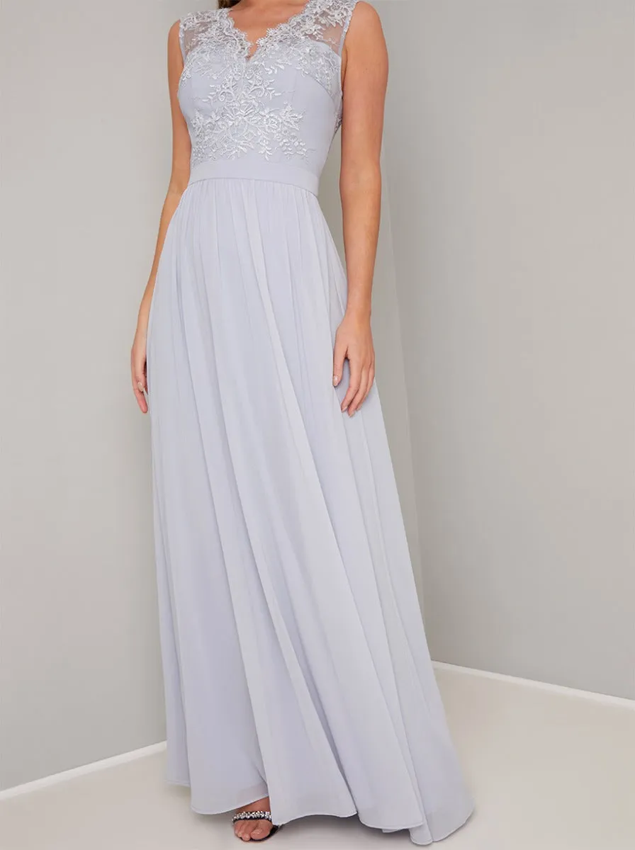 Lace Bodice V Neck Chiffon Maxi Dress in Blue sold by Chi Chi London product image thumbnail 3