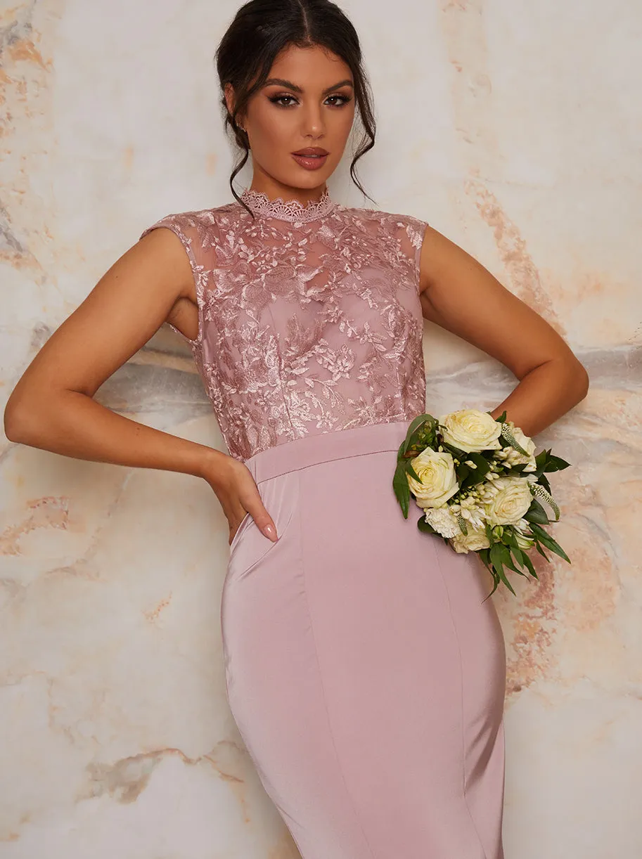 High Neck Lace Maxi Dress in Pink sold by Chi Chi London