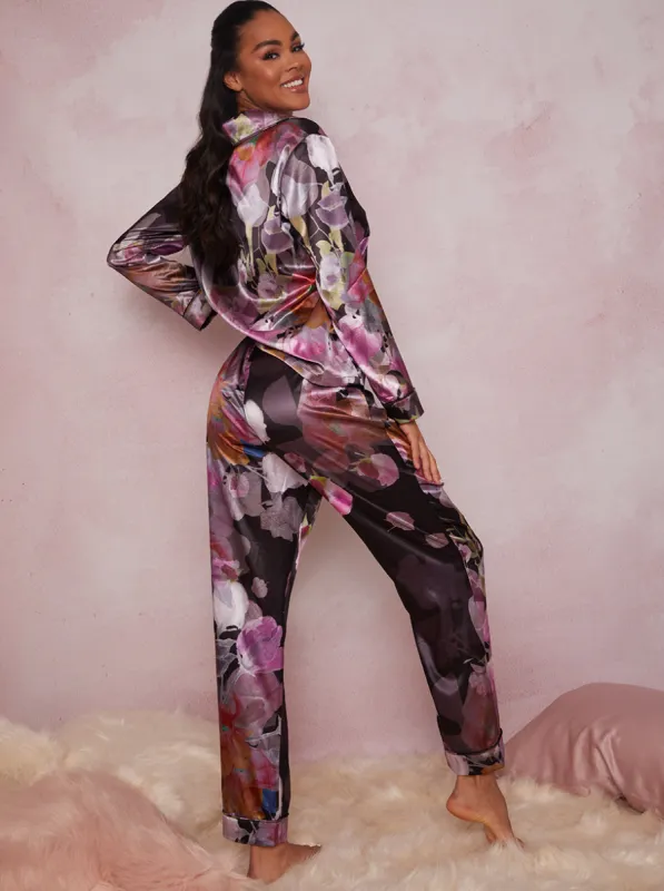 Floral Print Pyjama Set in Black sold by Chi Chi London