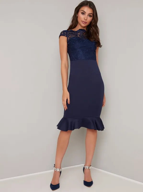 Lace Crochet Peplum Hem Bodycon Midi Dress in Blue sold by Chi Chi London
