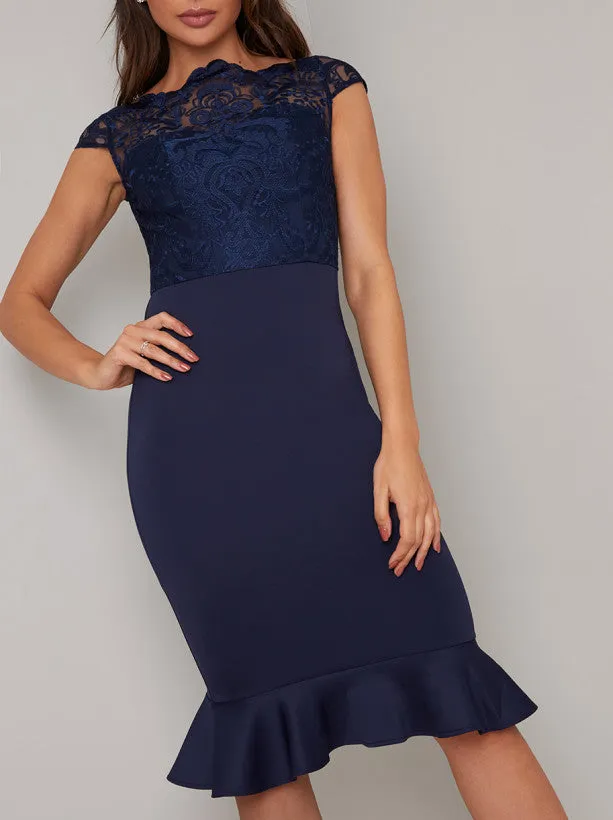 Lace Crochet Peplum Hem Bodycon Midi Dress in Blue sold by Chi Chi London product image thumbnail 2