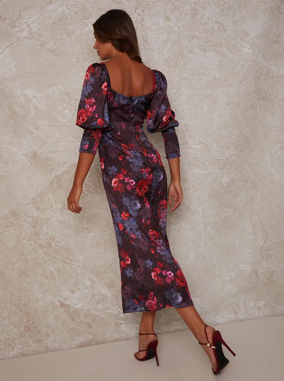 Long Sleeve Square Neck Floral Midi Dress in Black sold by Chi Chi London product image thumbnail 4