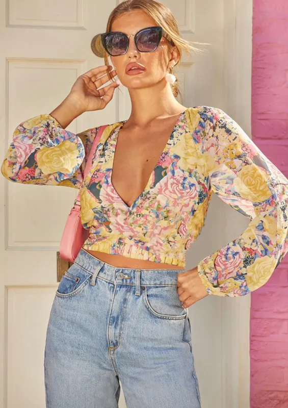 V Neck Long Sleeve Floral Top in Yellow sold by Chi Chi London