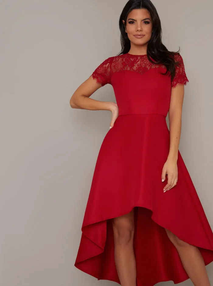 Lace Bodice Sweetheart Neck Dip Hem Midi Dress in Red sold by Chi Chi London