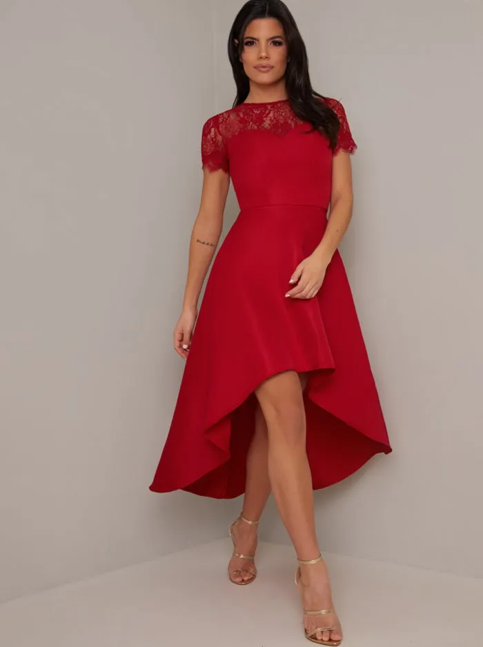 Lace Bodice Sweetheart Neck Dip Hem Midi Dress in Red sold by Chi Chi London product image thumbnail 2