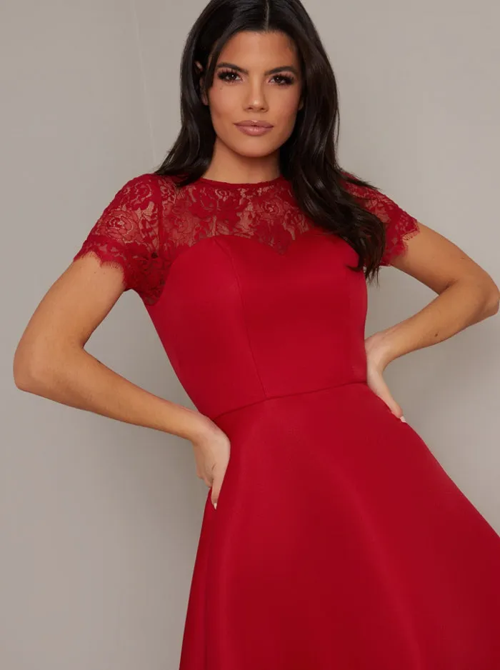 Lace Bodice Sweetheart Neck Dip Hem Midi Dress in Red sold by Chi Chi London product image thumbnail 4