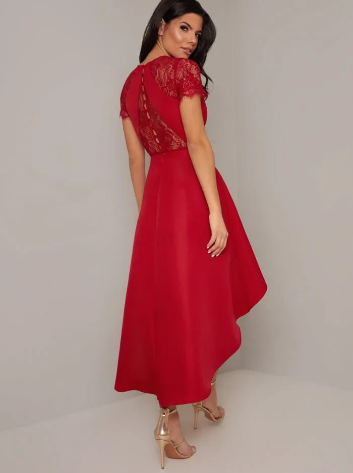 Lace Bodice Sweetheart Neck Dip Hem Midi Dress in Red sold by Chi Chi London product image thumbnail 3
