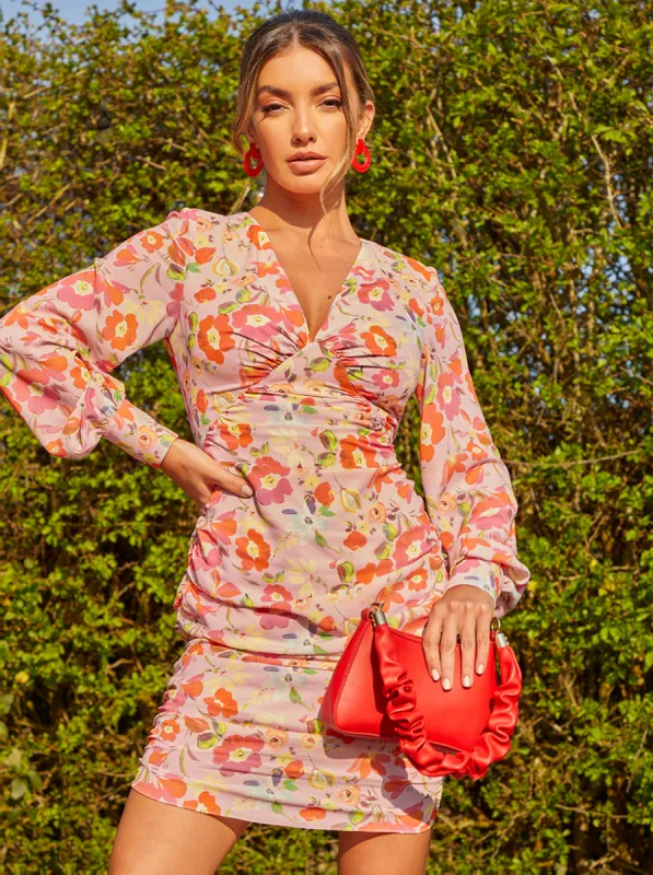 V Neck Balloon Sleeve Floral Mini Dress in Orange sold by Chi Chi London