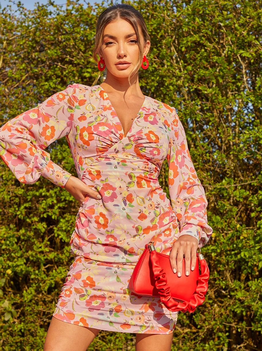 V Neck Balloon Sleeve Floral Mini Dress in Orange sold by Chi Chi London