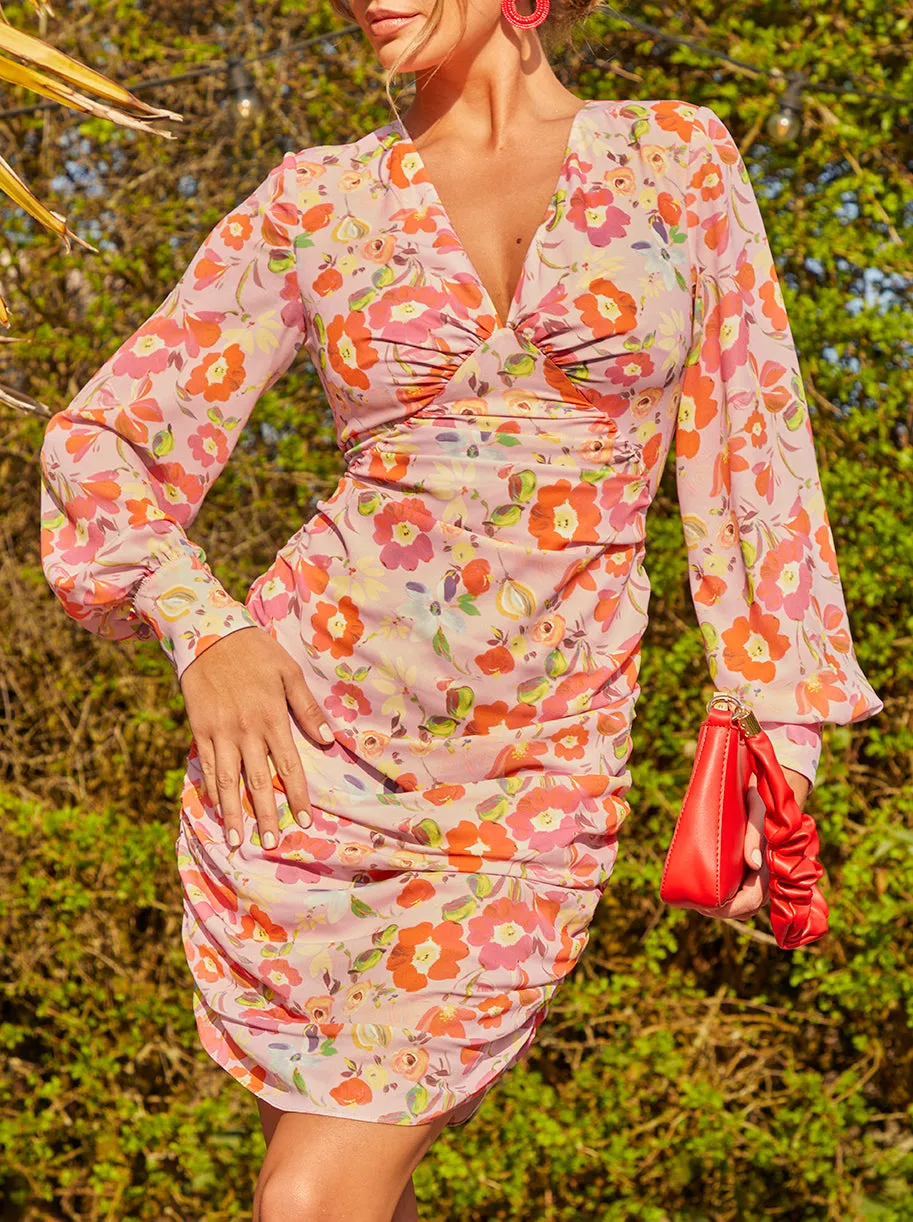 V Neck Balloon Sleeve Floral Mini Dress in Orange sold by Chi Chi London product image thumbnail 2