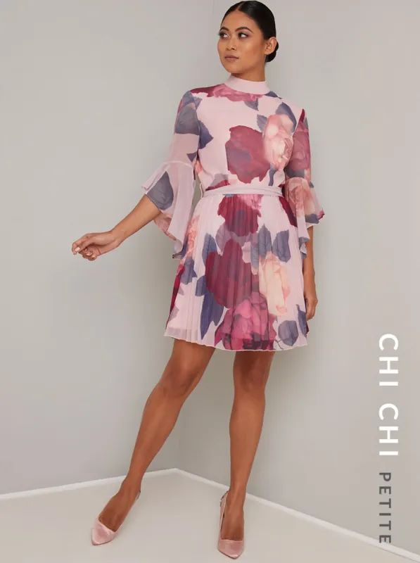 Petite Flare Sleeved Pleat Floral Mini Dress in Pink sold by Chi Chi London
