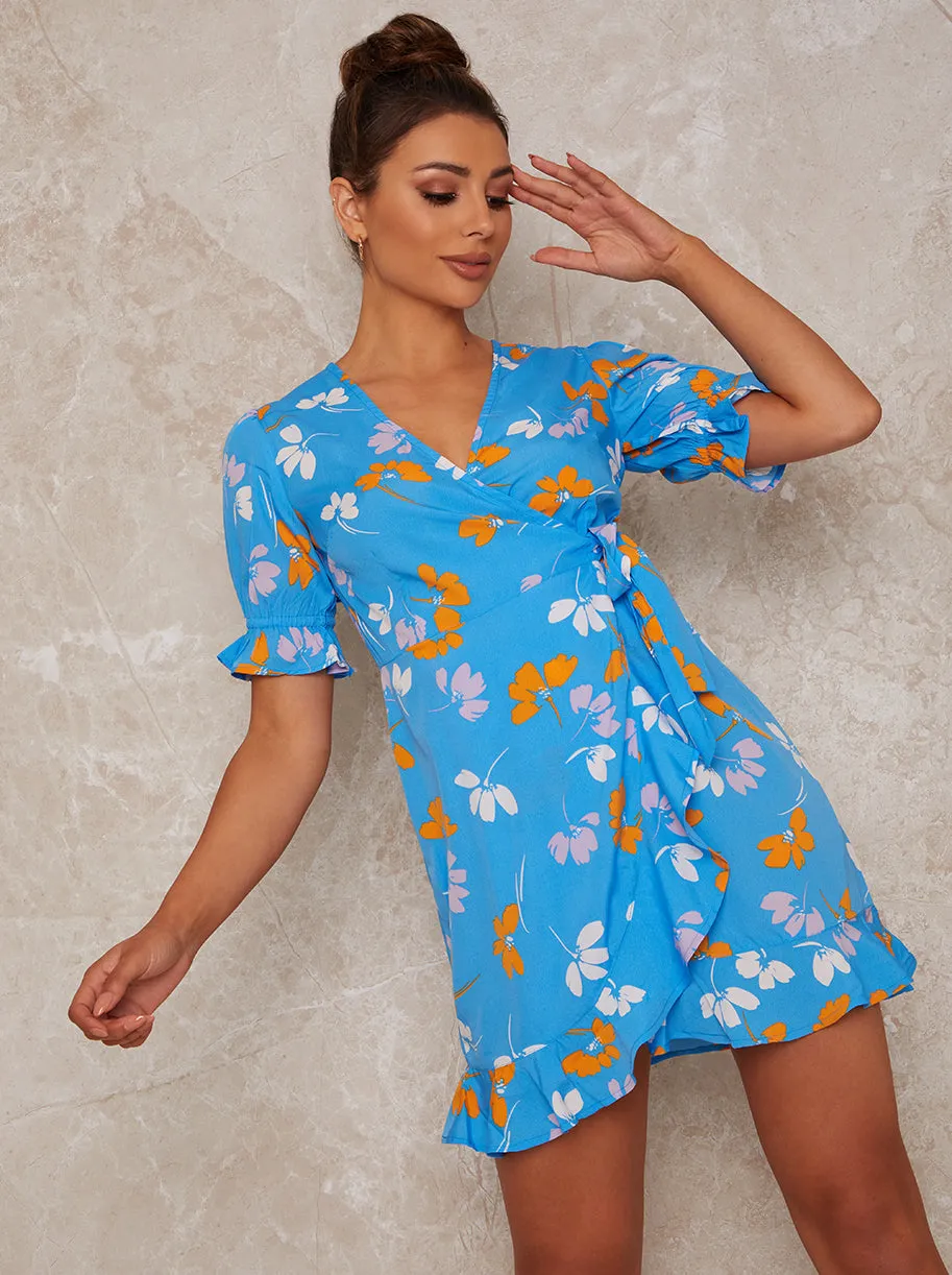 Puff Sleeve Wrap Floral Print Mini Day Dress in Blue sold by Chi Chi London product image thumbnail 2