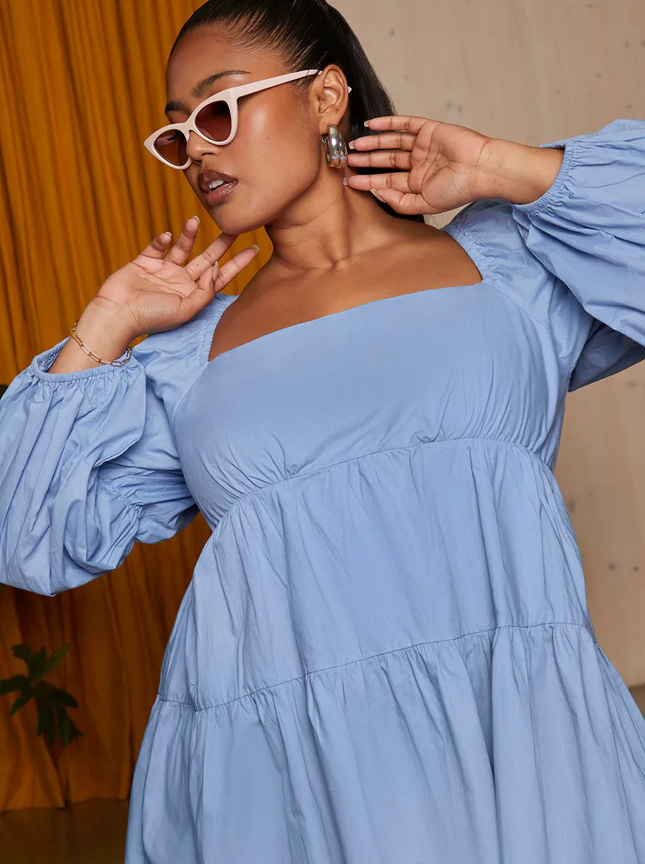 Plus Size Square Neck Cotton Tiered Mini Dress in Blue sold by Chi Chi London product image thumbnail 2