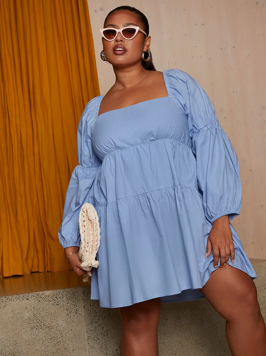 Plus Size Square Neck Cotton Tiered Mini Dress in Blue sold by Chi Chi London product image thumbnail 3