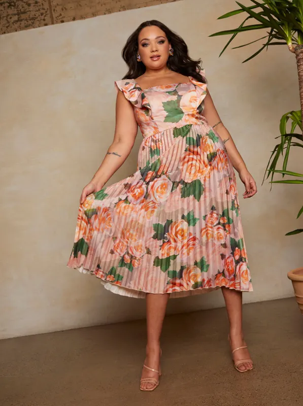 Plus Size Floral Print Ruffle Pleated Midi Dress in Pink sold by Chi Chi London