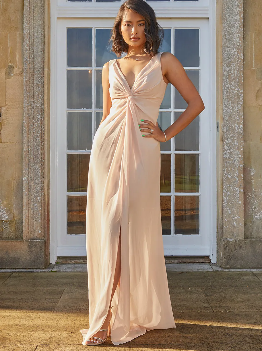 Knot Detail Maxi Dress in Champagne sold by Chi Chi London