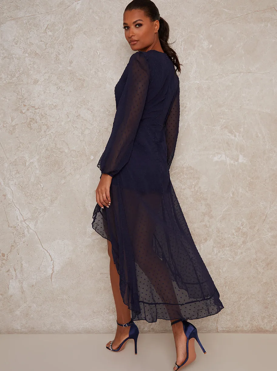Dip Hem Long Sleeve Wrap Dobby Spot Dress in Blue sold by Chi Chi London product image thumbnail 4