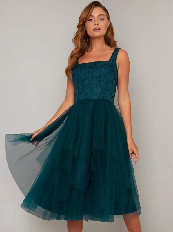 Lace Bodice Tiered Tulle Midi Dress in Green sold by Chi Chi London