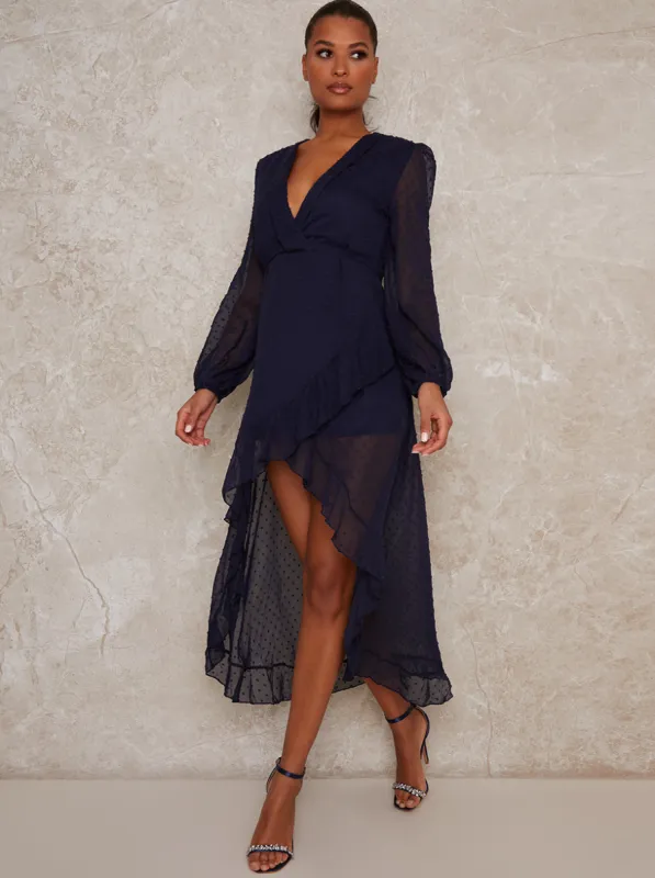 Dip Hem Long Sleeve Wrap Dobby Spot Dress in Blue sold by Chi Chi London