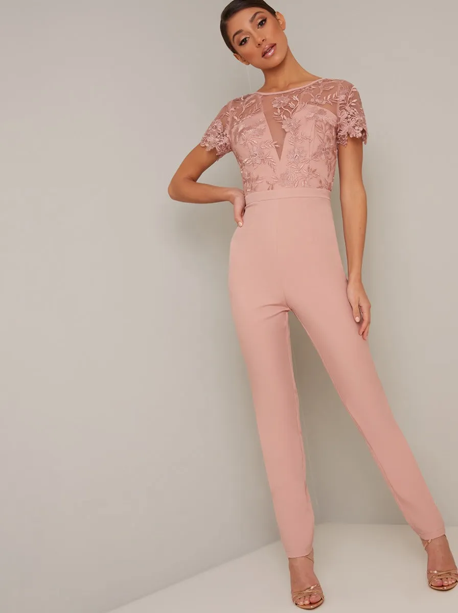 Embroidered Open Back Straight Leg Lumpsuit in Pink sold by Chi Chi London