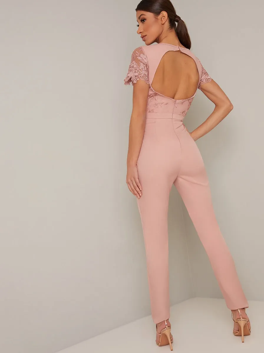 Embroidered Open Back Straight Leg Lumpsuit in Pink sold by Chi Chi London product image thumbnail 2