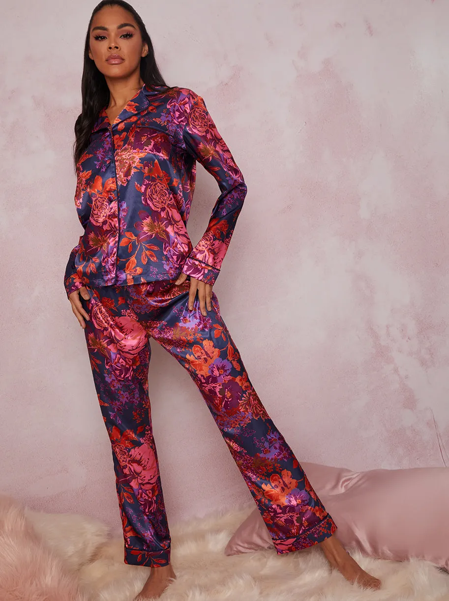 Floral Printed Pyjama Set in Navy sold by Chi Chi London
