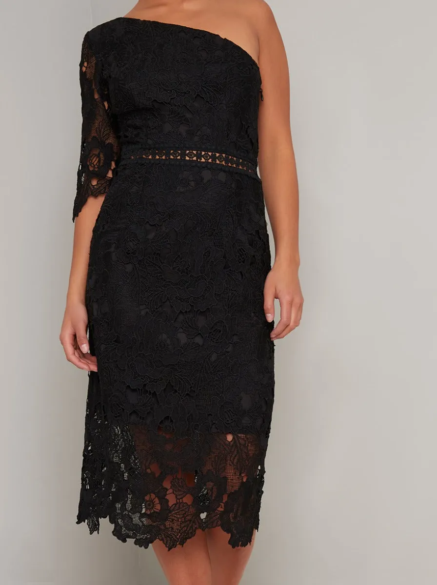 Petite Lace Bodycon One Shoulder Midi Dress in Black sold by Chi Chi London product image thumbnail 4