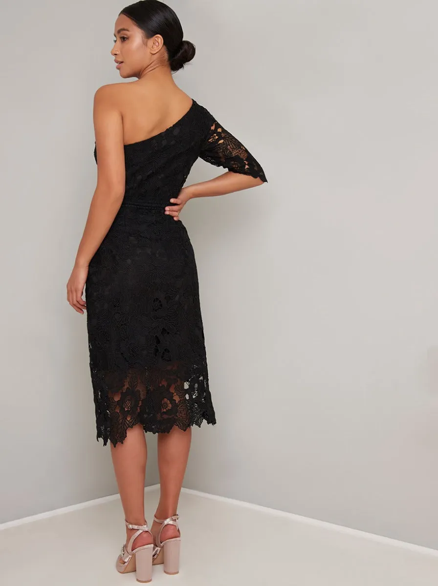 Petite Lace Bodycon One Shoulder Midi Dress in Black sold by Chi Chi London product image thumbnail 3