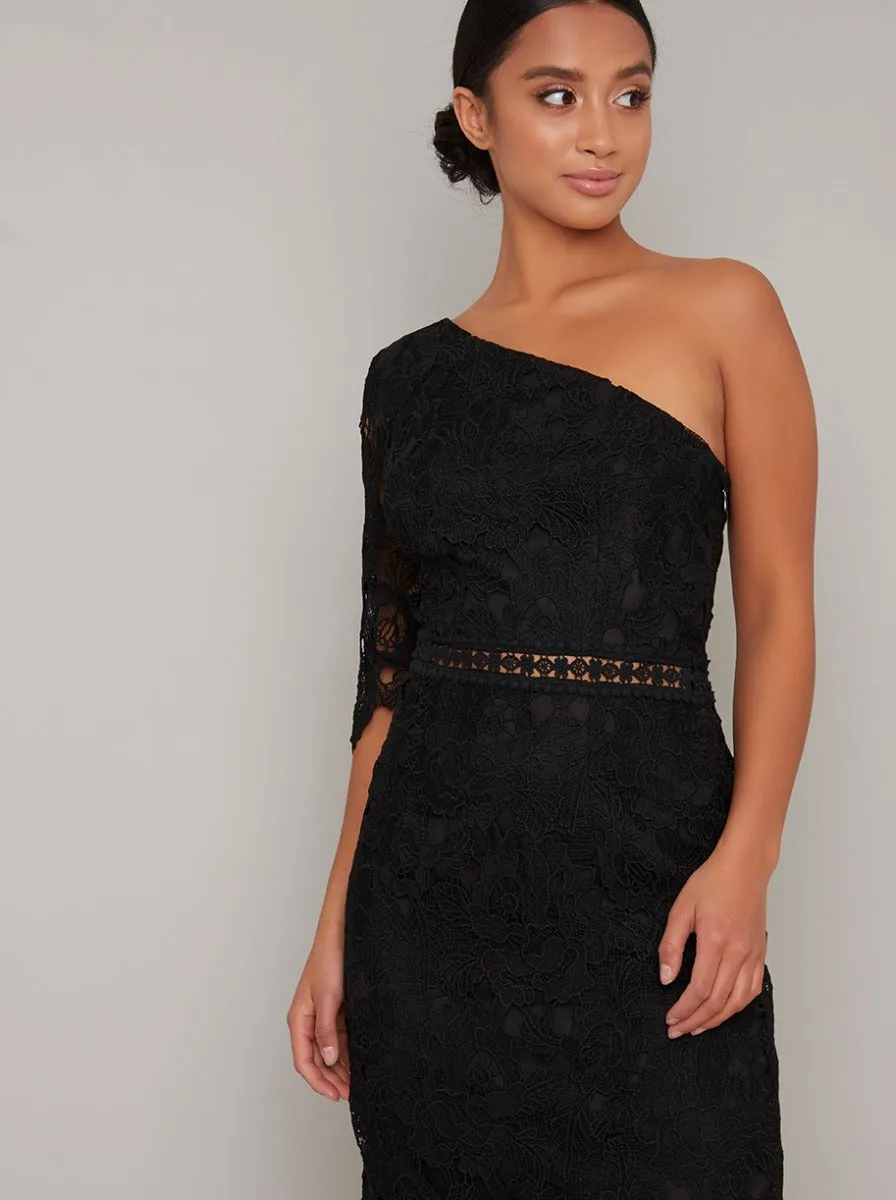 Petite Lace Bodycon One Shoulder Midi Dress in Black sold by Chi Chi London