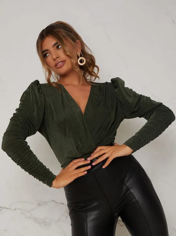Ruched Sleeve Wrap Over Bodysuit in Khaki sold by Chi Chi London
