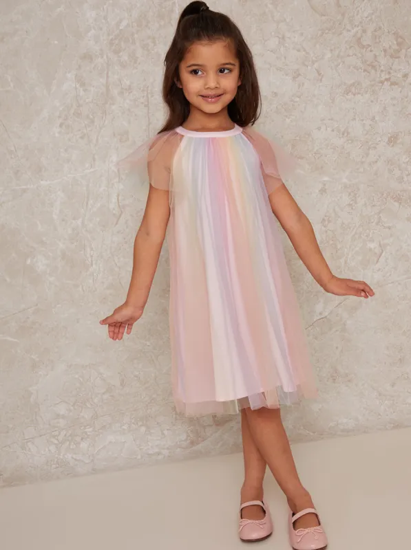 Girls Short Sleeve Rainbow Tulle Midi Dress in Multicolour sold by Chi Chi London