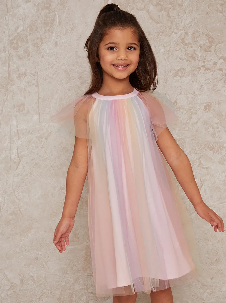 Girls Short Sleeve Rainbow Tulle Midi Dress in Multicolour sold by Chi Chi London product image thumbnail 4