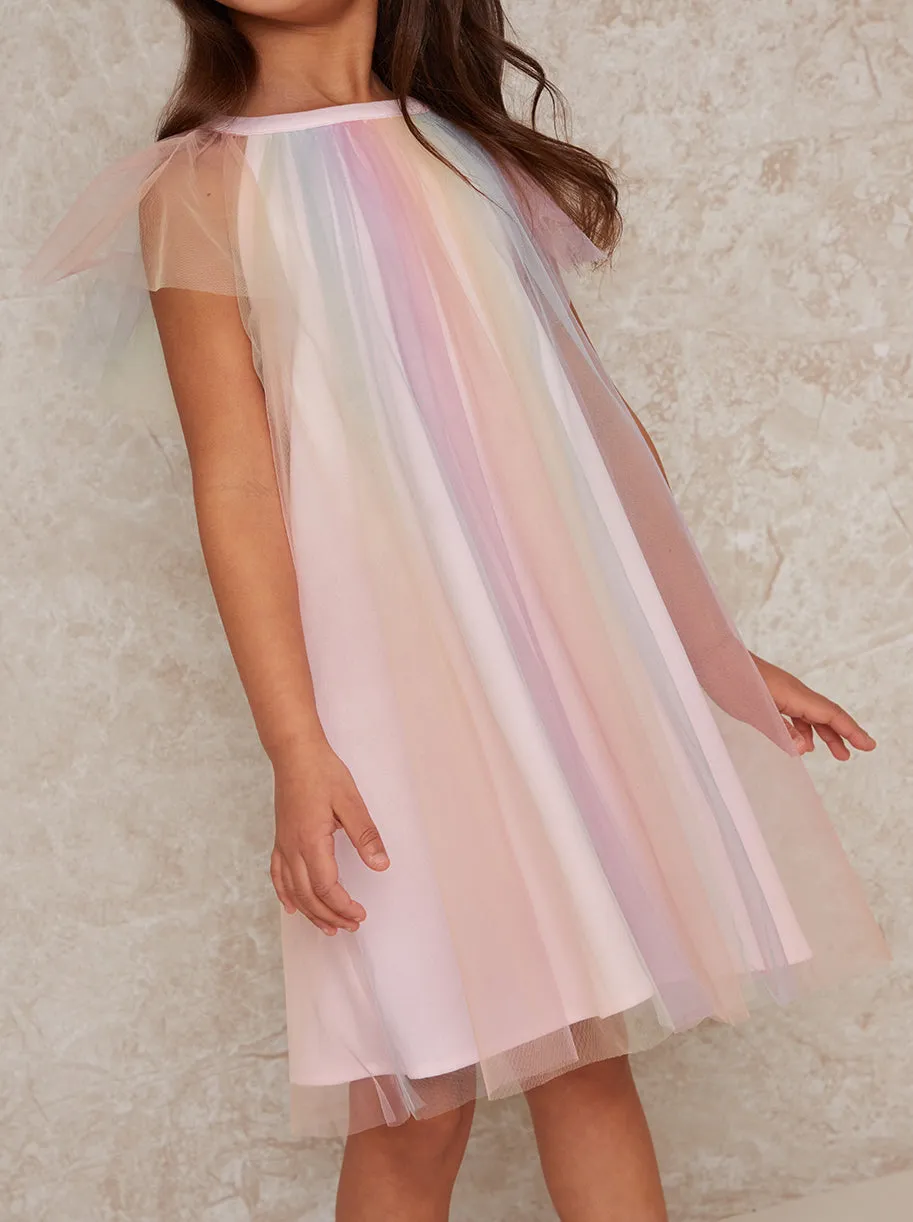 Girls Short Sleeve Rainbow Tulle Midi Dress in Multicolour sold by Chi Chi London product image thumbnail 2
