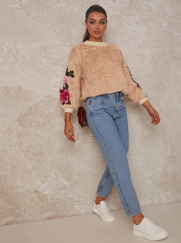 Fluffy High Neck Jumper With Floral Applique in Beige made by Chi Chi London