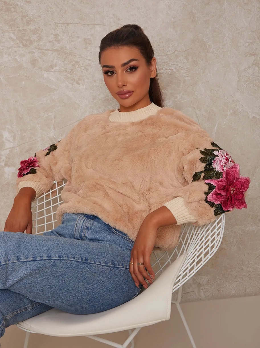 Fluffy High Neck Jumper With Floral Applique in Beige sold by Chi Chi London product image thumbnail 2