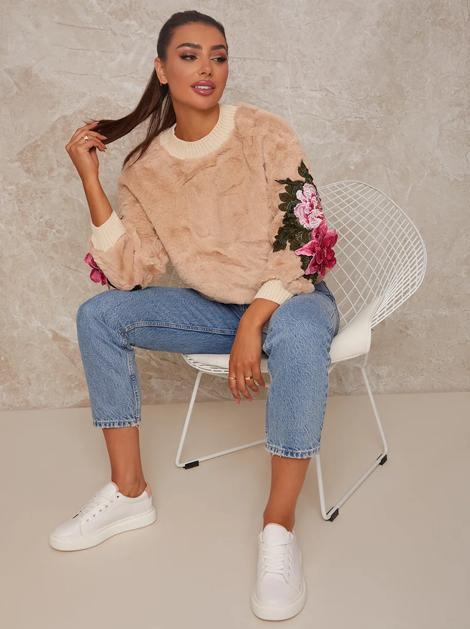 Fluffy High Neck Jumper With Floral Applique in Beige sold by Chi Chi London product image thumbnail 4
