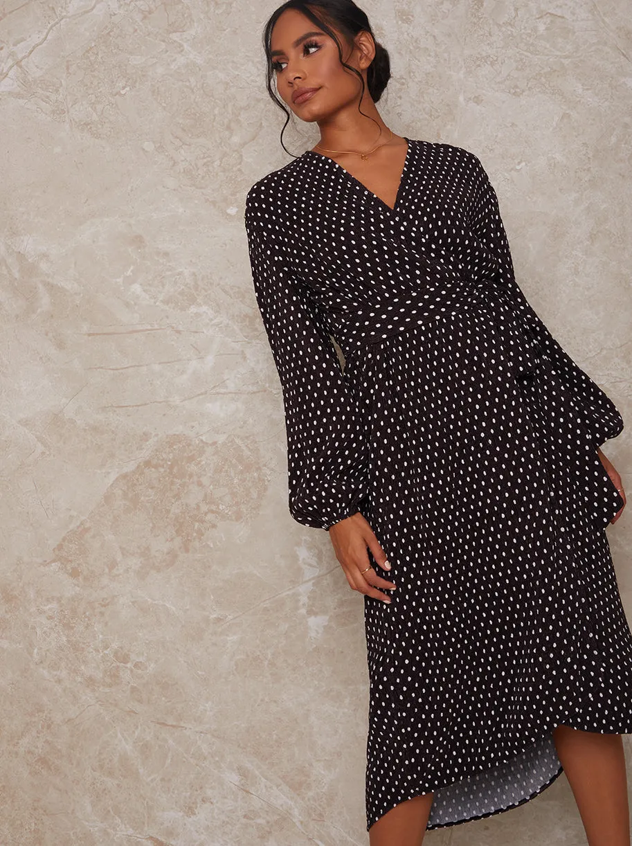 Long Sleeve Polka Dot Midi Wrap Dress in Black sold by Chi Chi London product image thumbnail 2